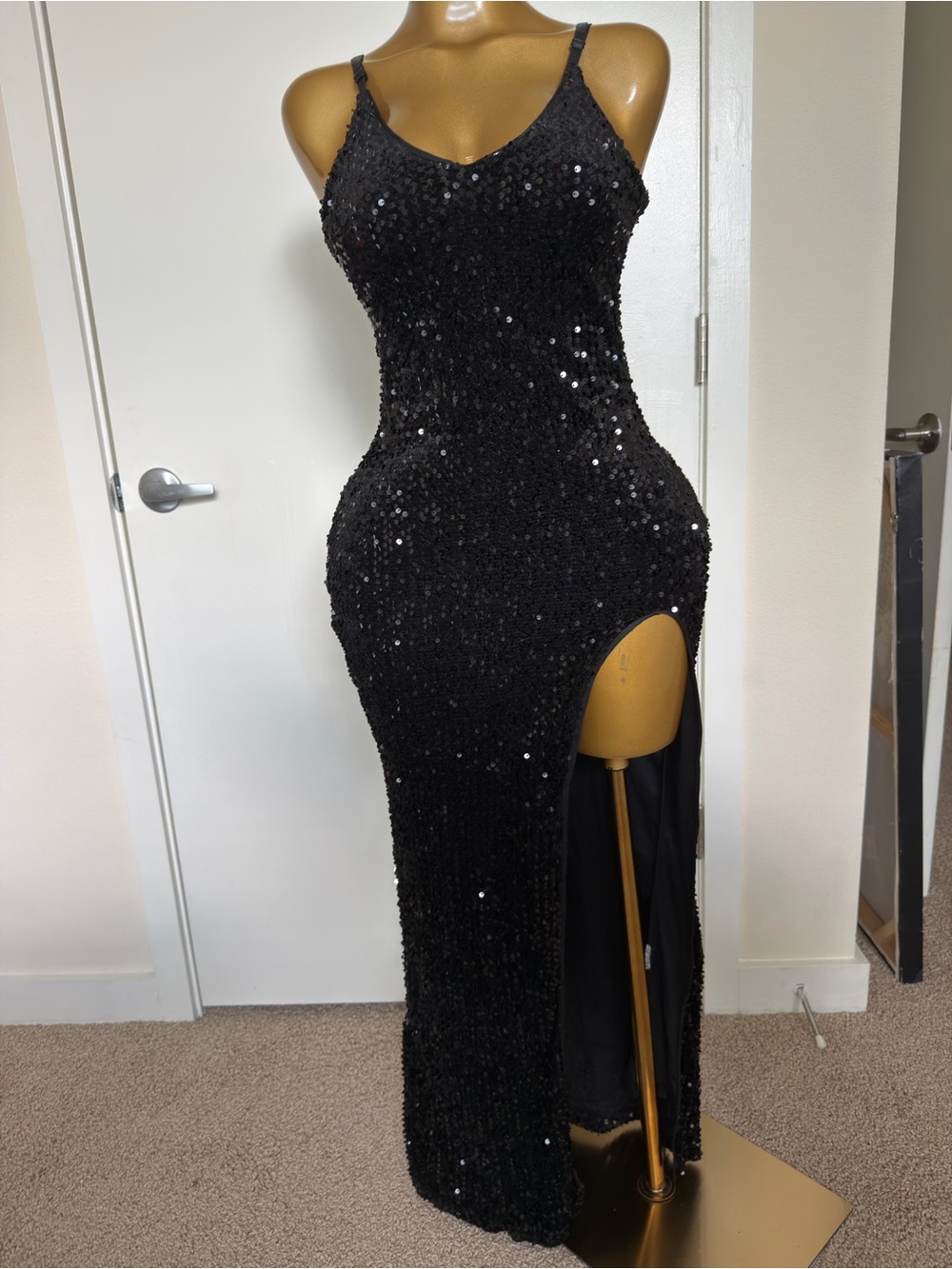 Simple Black Sequin High-Low Evening Gown